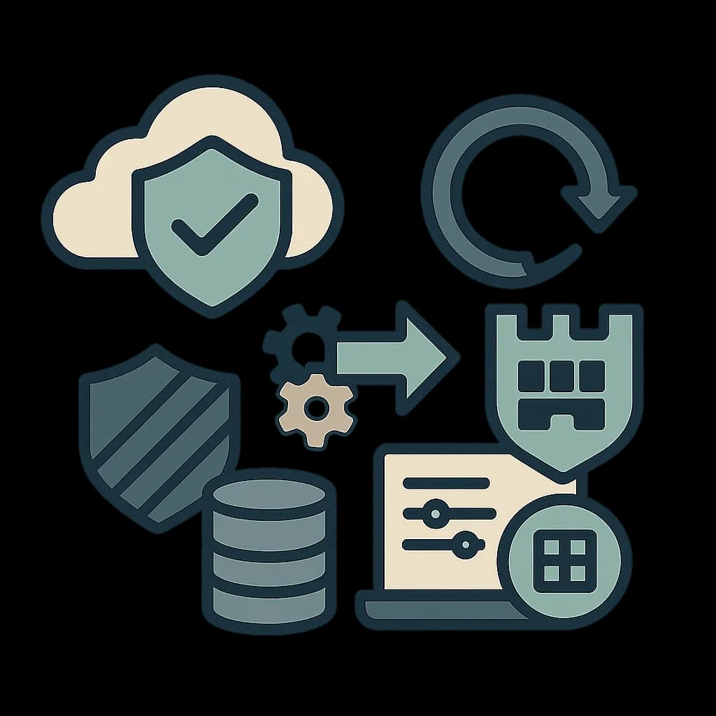 Diagram showing firewall migration steps between vendor platforms with continuous service lines.