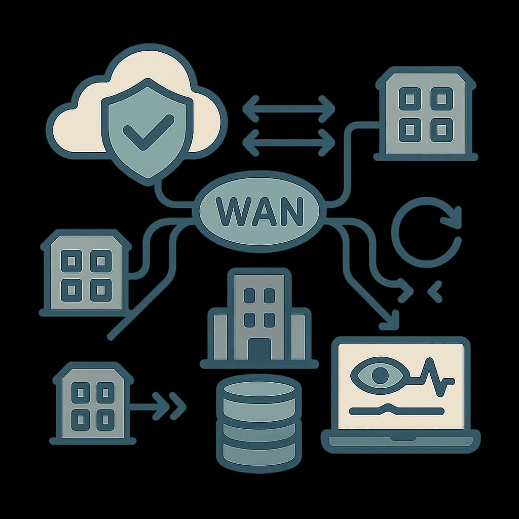 Illustration of multiple branch sites linked via SD-WAN connections with redundancy indicators.
