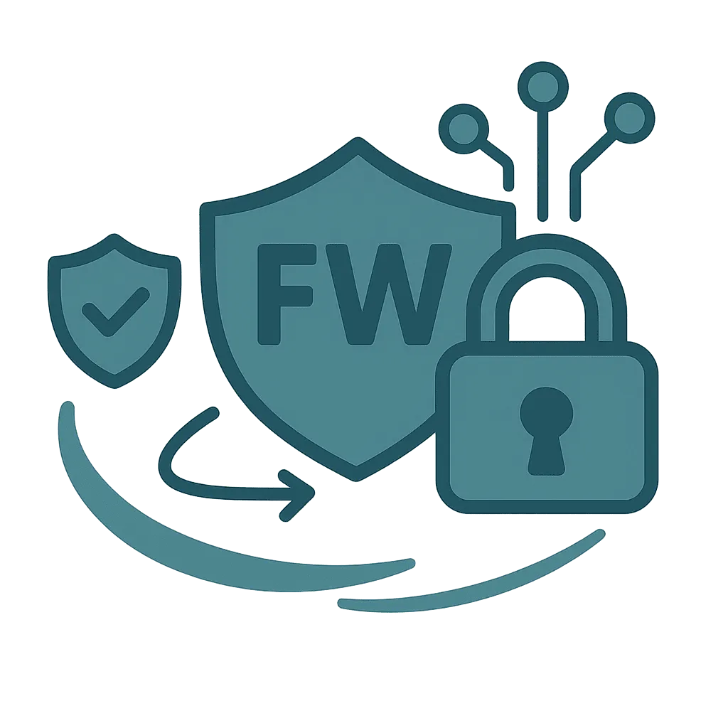 Illustration of a firewall dashboard with consolidated rules and compliance checkmarks.